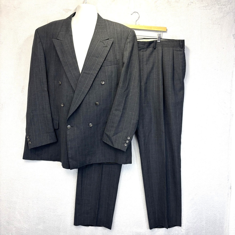 Vintage 2 Pc USA Made Double Breasted Suit Mens 44L 44x32 Old Money Jacket Pants - Picture 2 of 16